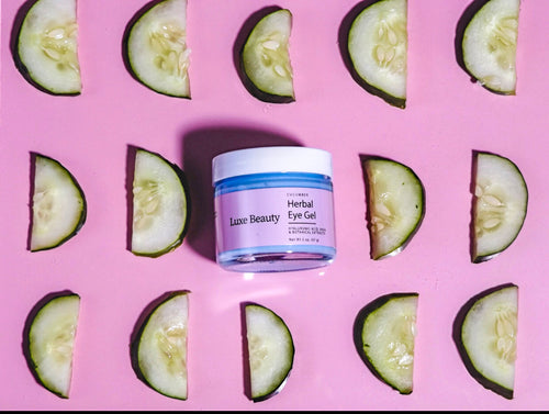 Decrease the appearance of eye fatigue, puffiness and dark circles. This fresh cucumber herbal cooling eye gel will calm and soothe the appearance of tired looking eyes.